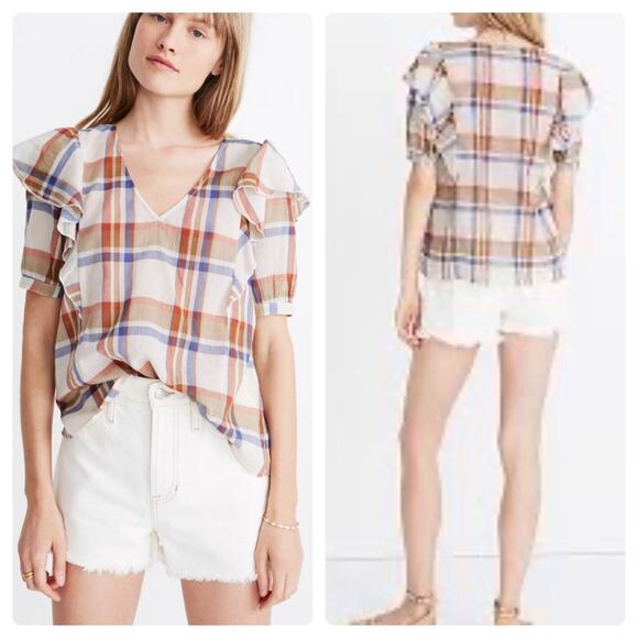 Madewell V Neck Shoulder Ruffle Top in Plaid - Picture 1 of 16